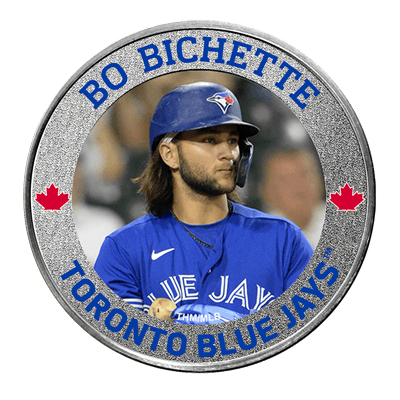 A picture of a 1 oz Toronto Blue Jays Silver Colorized Round- Bo Bichette